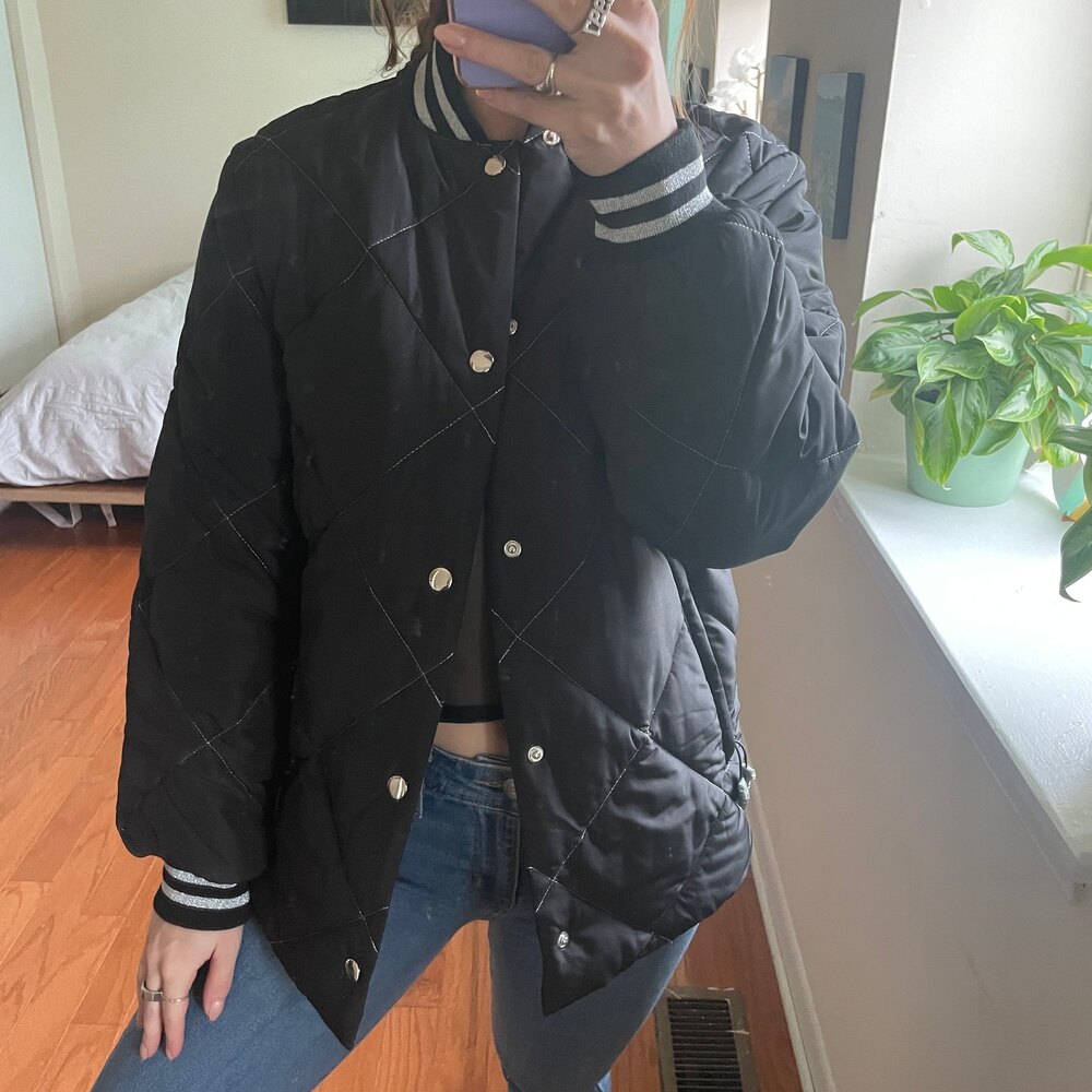 Adam Selman Snap Front Quilted Bomber Jacket Black XS